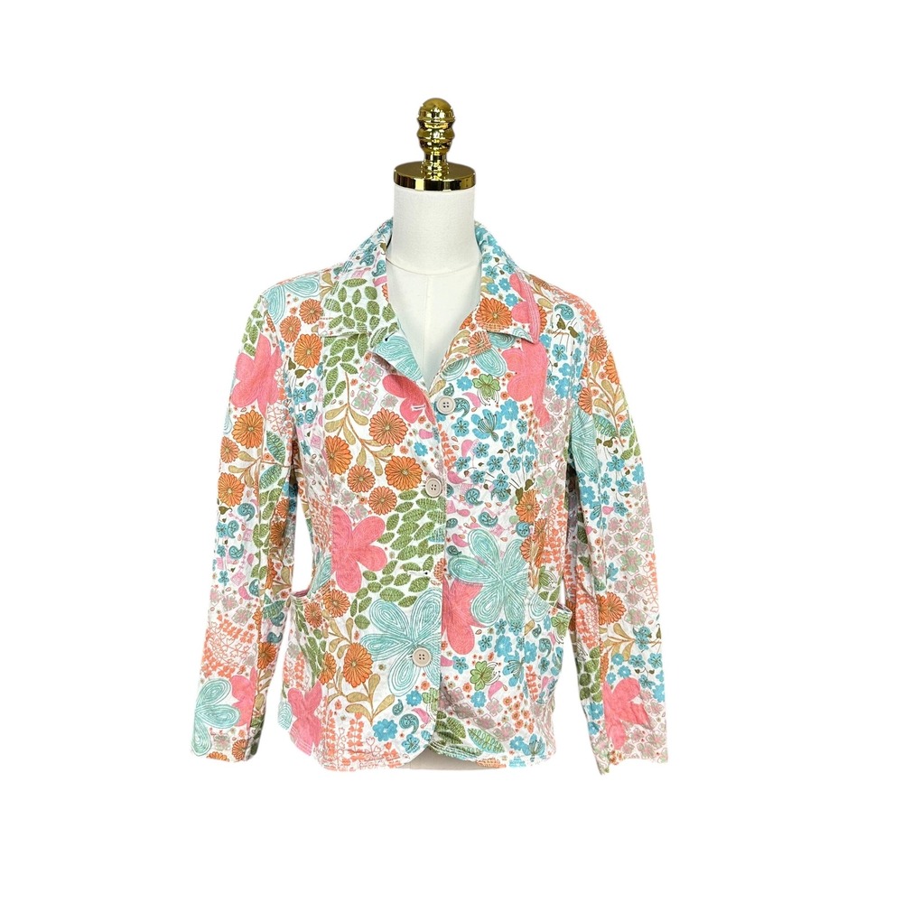 Vintage Koret Petite Womens Floral Blazer Pink Orange Blue SZ 10P Cotton Blend
